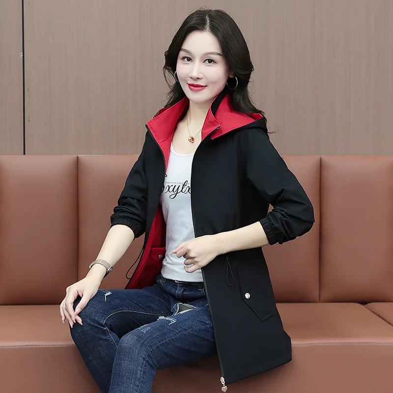 Primavera Autunno Donna Trench double face 2026 Nuovo cappotto coreano con cappuccio medio lungo Giacca a vento femminile Tuta sportiva Gabardina Mujer