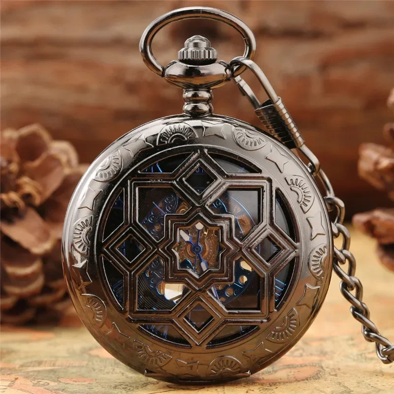 Vintage Style Hollow Rhombus Case Hand Winding Mechanical Pocket Watch for Men Women Skeleton Dial Fob Chain Antique Timepiece