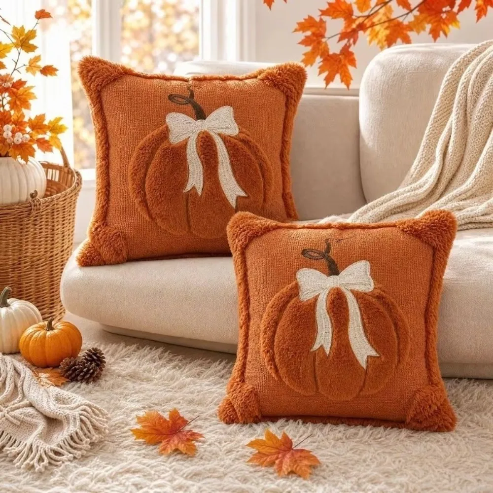 18x18 Inches Throw Pillow Covers Soft Fabric Faux Wool Material Pumpkin Cushion Cover Quilting Design Embroidery Details