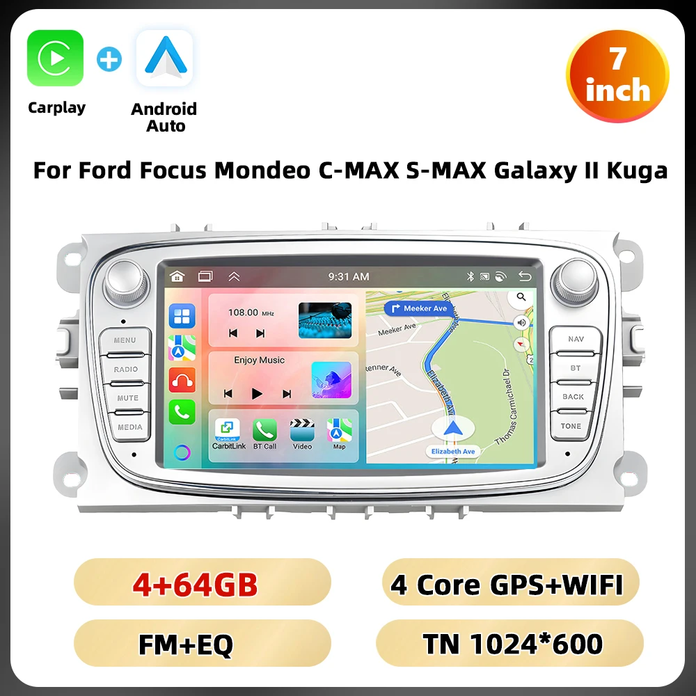 Podofo 7 ''Android Multimedia Speler Voor Ford Focus Mondeo C-MAX S-MAX Galaxy Ii Kuga Gps Navigatie 2 64G Carplay Android Auto