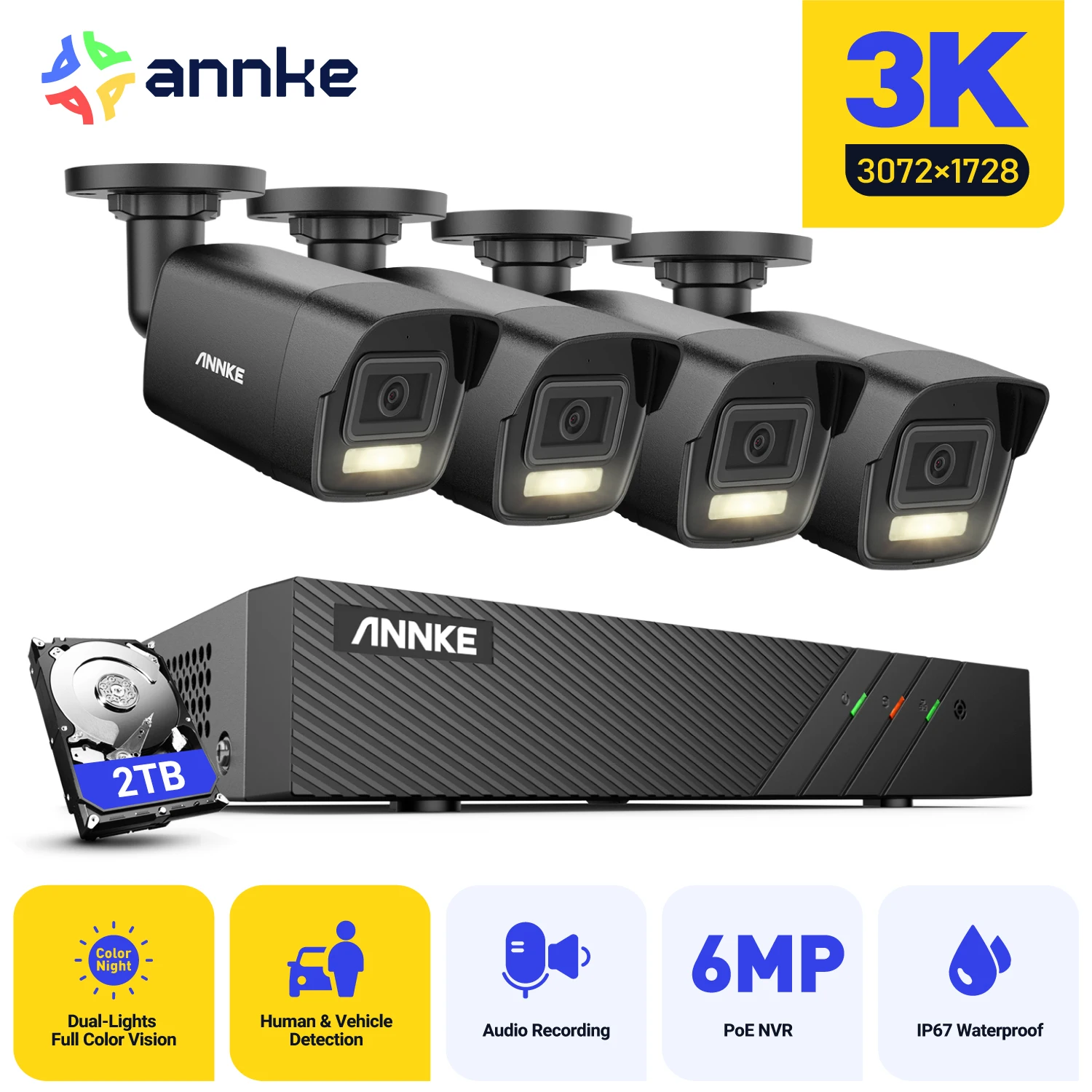 Annke 6MP 8CH ระบบกล้องวงจรปิดกล้องวงจรปิด NVR H.265 + สมาร์ทเครือข่ายแสงคู่กล้องการมองเห็นได้ในเวลากลางคืนชุดเฝ้าระวังวิดีโอ