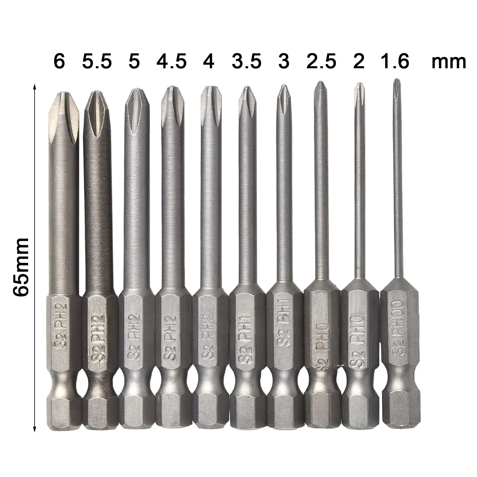 10pcs 65mm Screwdriver Bit Set Magnetic 1/4inch Hex Shank Electric Cross Screw Driver Bits Drill Bit Batch Head PH00 PH0 PH1 PH2