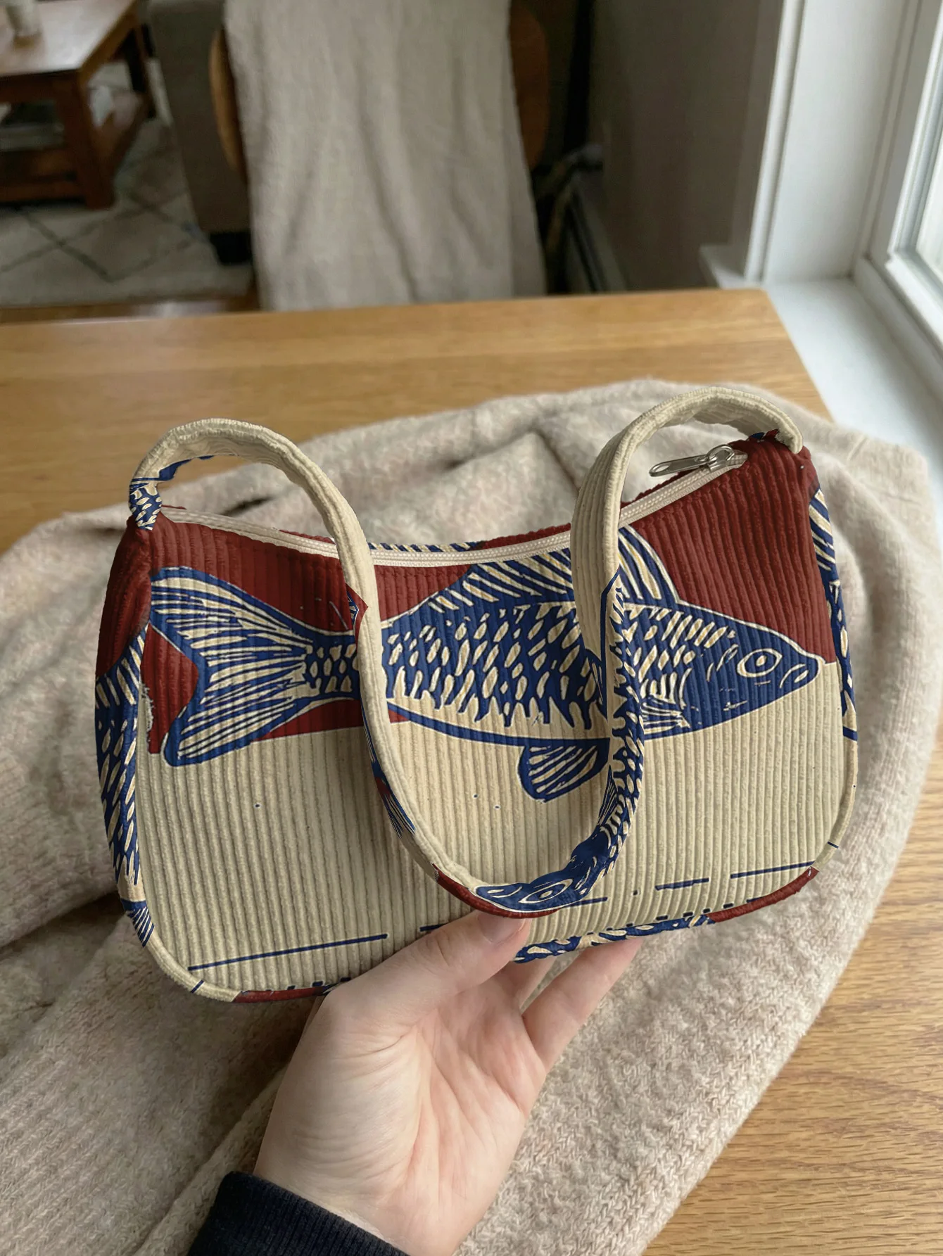 Trendy Blue Fish Print Shoulder Bag, Beige & Red Corduroy Underarm Bag for Daily Casual Use