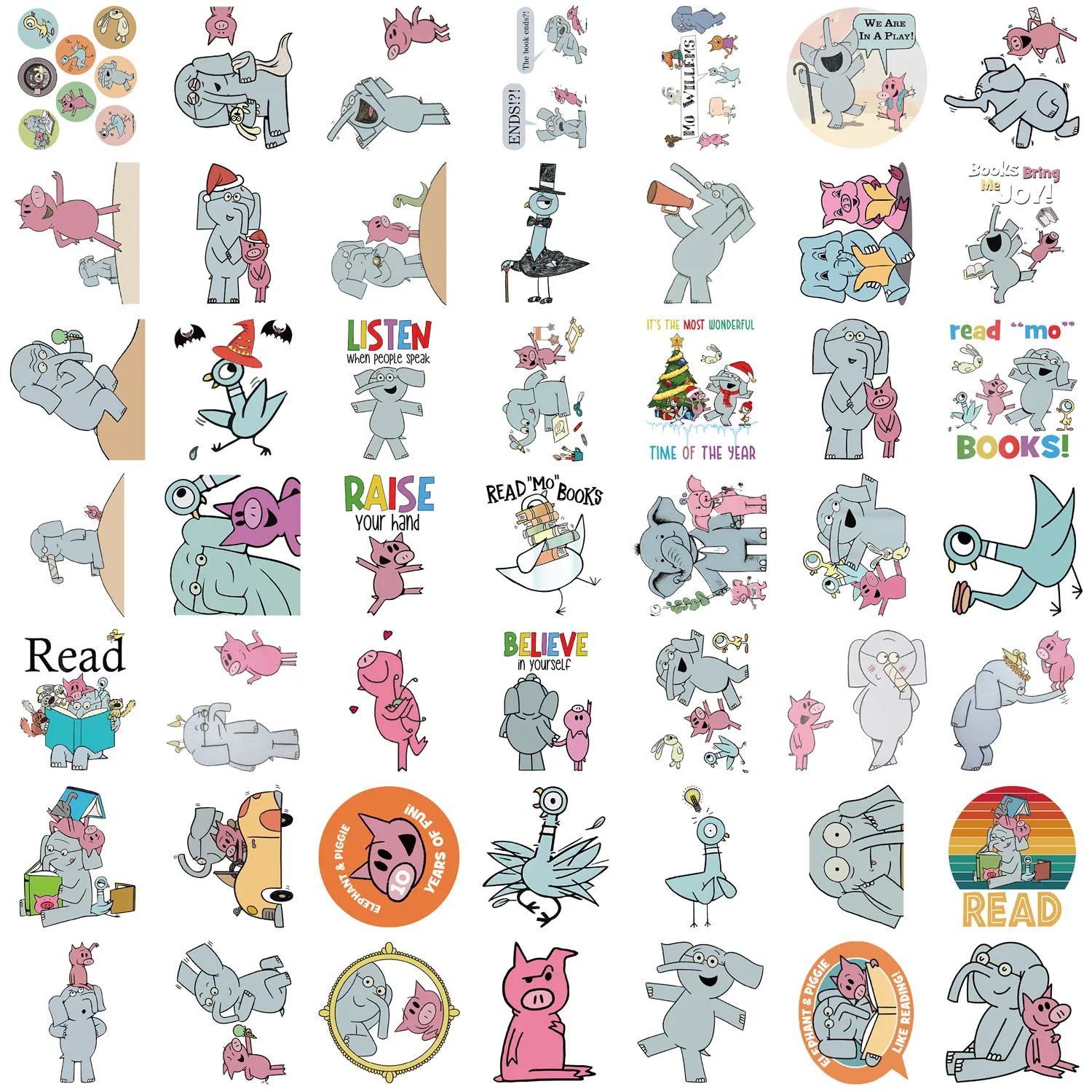 50pcs Elephant and Piggie Stickers for Laptop Scrapbook Phone Luggage Guitar Bike Laptop Cute Fun Cartoon Waterproof Sticker