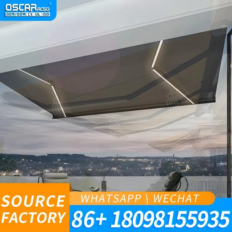 Motorized Retractable Outdoor Awning with LED Light Aluminum Frame for Conservatory Patio Garden Retractable Awning