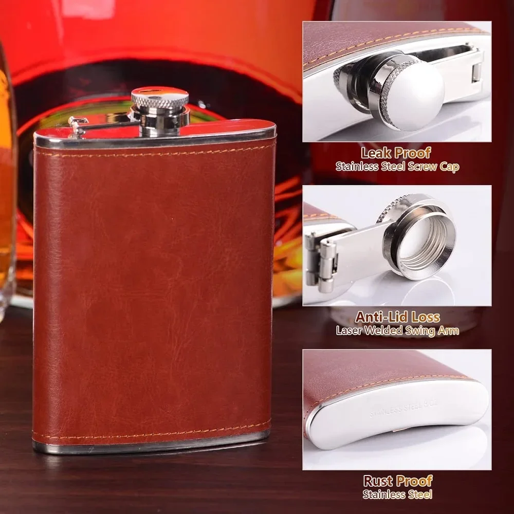 Stainless Steel Leather Wine Hip Flask Set Whiskey Bottle Alcohol Cup Kettle Cups Funnel Mug For Travel Outdoor Gift