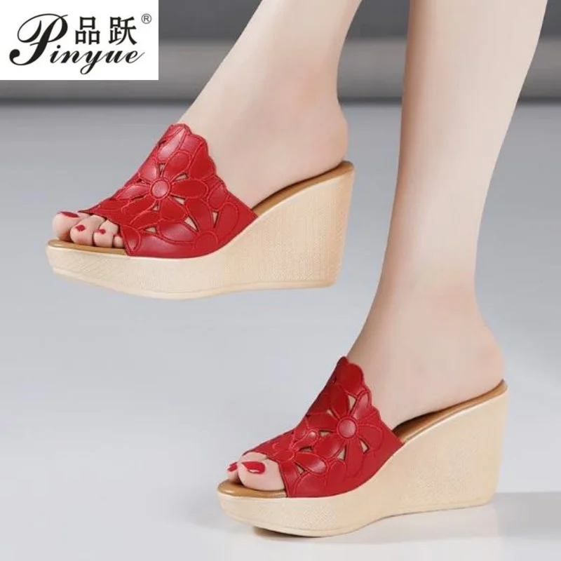 

8cm Non Slip Floral Cutout High Heels Wedding Shoes Women Wedges Slippers Summer Beach Offce Slides Thick Sole shoes 32-43