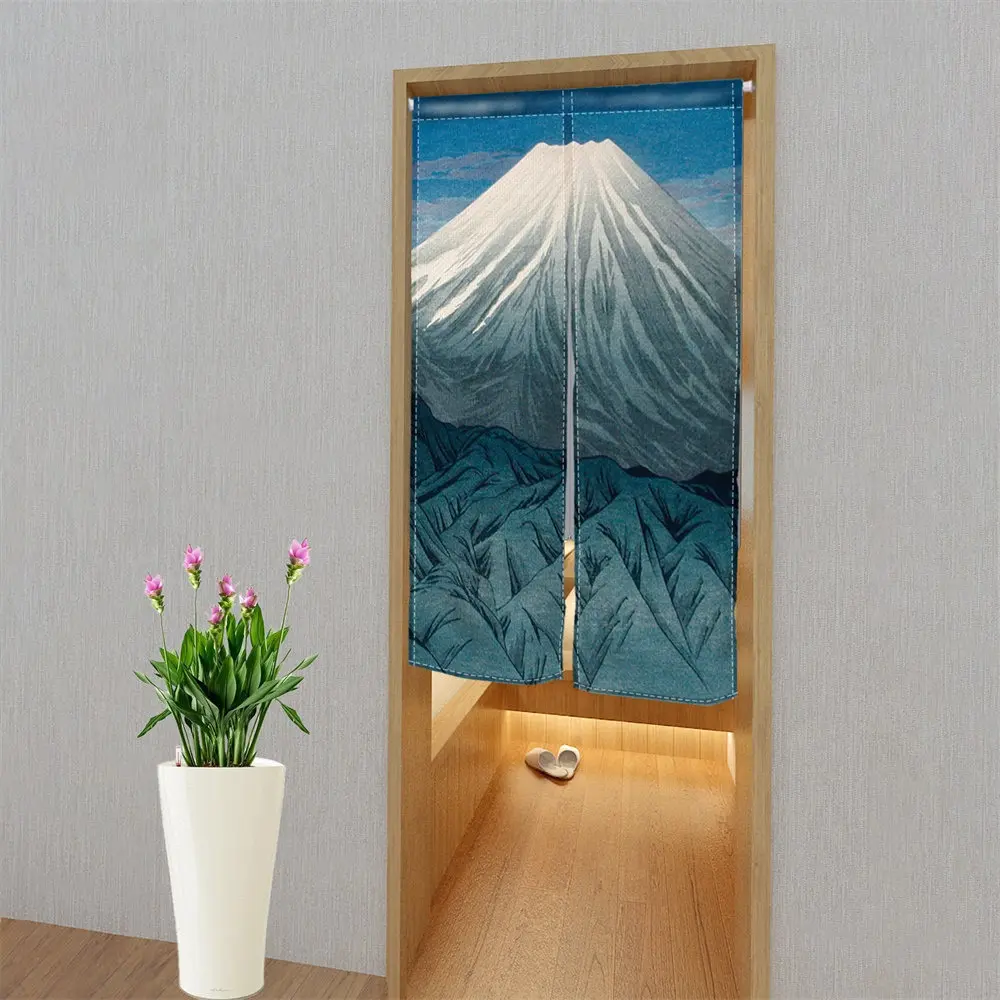 Japanese Half Curtain Door Curtain Mount Fuji Cherry Blossoms Doorway Curtains Sun River Linen Drapes Restaurant Decor Hanging