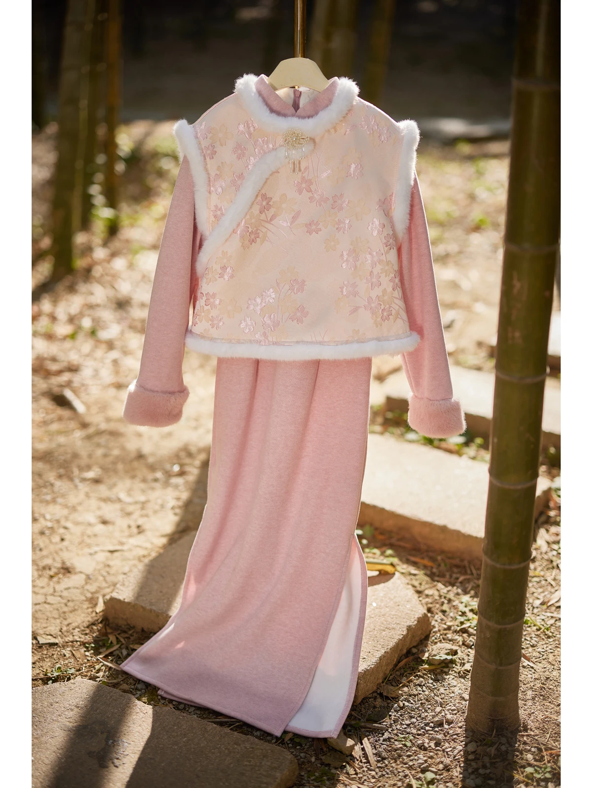 muran-diary-pink-dr-thiened-winter-new-arrival-engagement-set-girl's-vest-suit-simple-sle-long-sve-midi-d