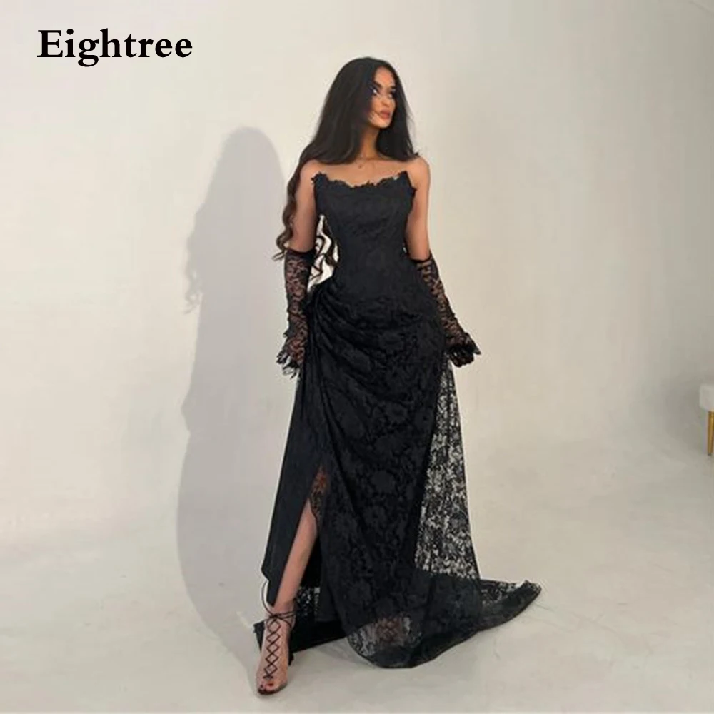 

Eightree Sexy Mermaid Evening Dresses Abendkleider Dubai Lace Appliques High Side Slit Strapless Black Long Dresses For Women