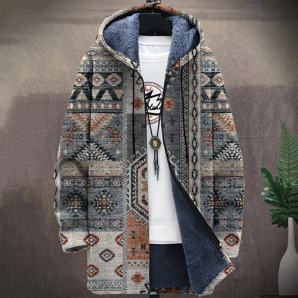 Men'S Native Retro Block Graphic Winter Coat Print Pattern Knitted Sweater Cardigan Zipper Hooded Thick Fleece For Youth