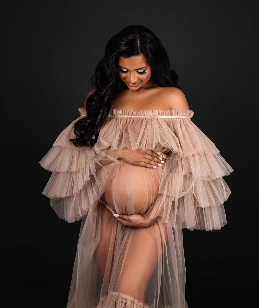 Vestido de maternidad transparente Rosa polvoriento para mujeres embarazadas, vestidos de tul escalonados sin hombros, vestido de fotografía de maternidad transparente, Babyshower