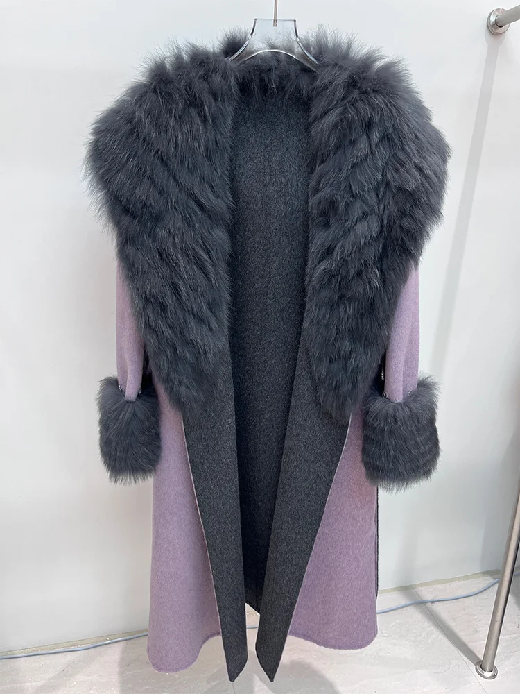 2025 New Winter Woolen Wool Jacket Real Natural Fox Fur Collar Cuff Coat Ladies Outwear Female Coat Women Luxury Jacket