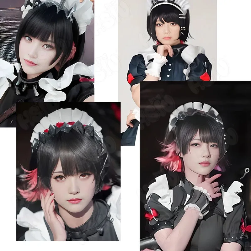 إلين جو شعر مستعار تأثيري لعبة Zenless منطقة صفر شعر مستعار تأثيري HSIU 30 سنتيمتر أسود أحمر داكن مزيج الشعر القصير شعر مستعار اصطناعي + غطاء شعر مستعار