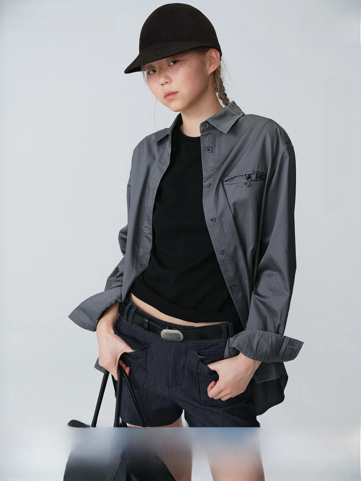 

Dosordonts Grey Casual Shirt Double Lip Chest Strap Scissors Collar Fashionable Spring Cotton Long Sleeve Women's Shirt
