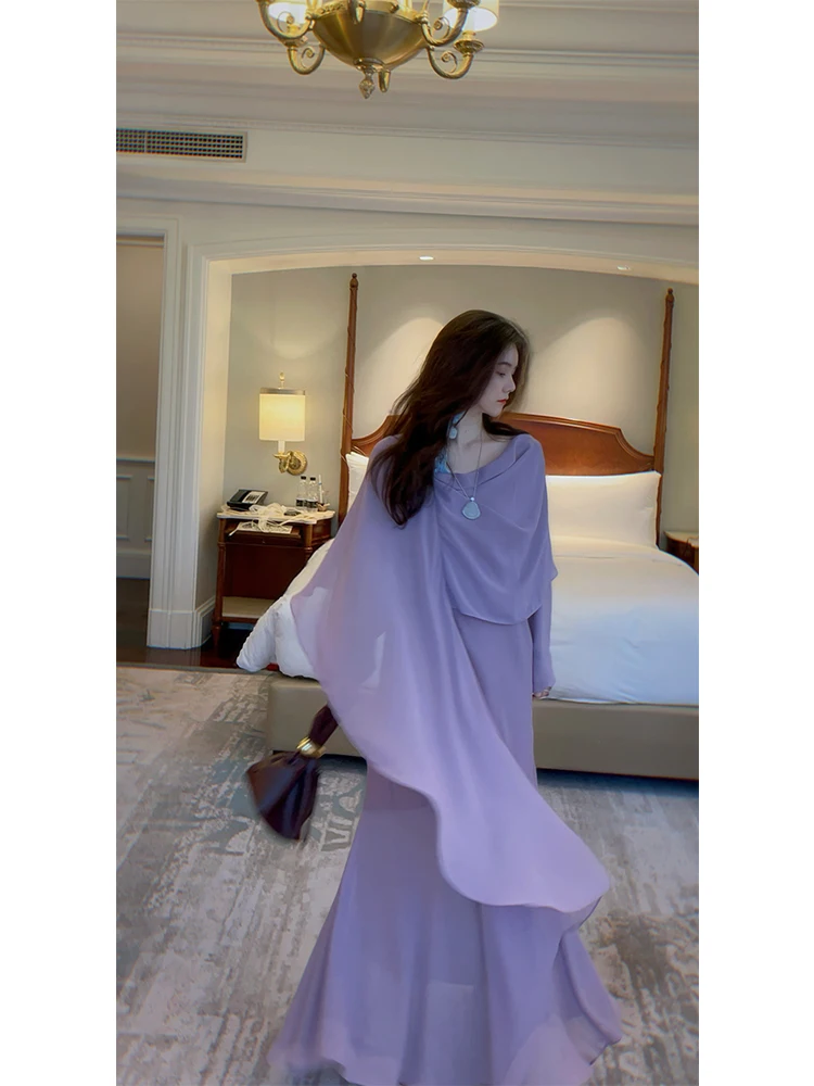 

Lazy Summer Spring V-Ne Long Sve Chiffon Dr Asymmetrical Hemline Floating Sensation Bell Sve Casual Sle Fairy Skirt