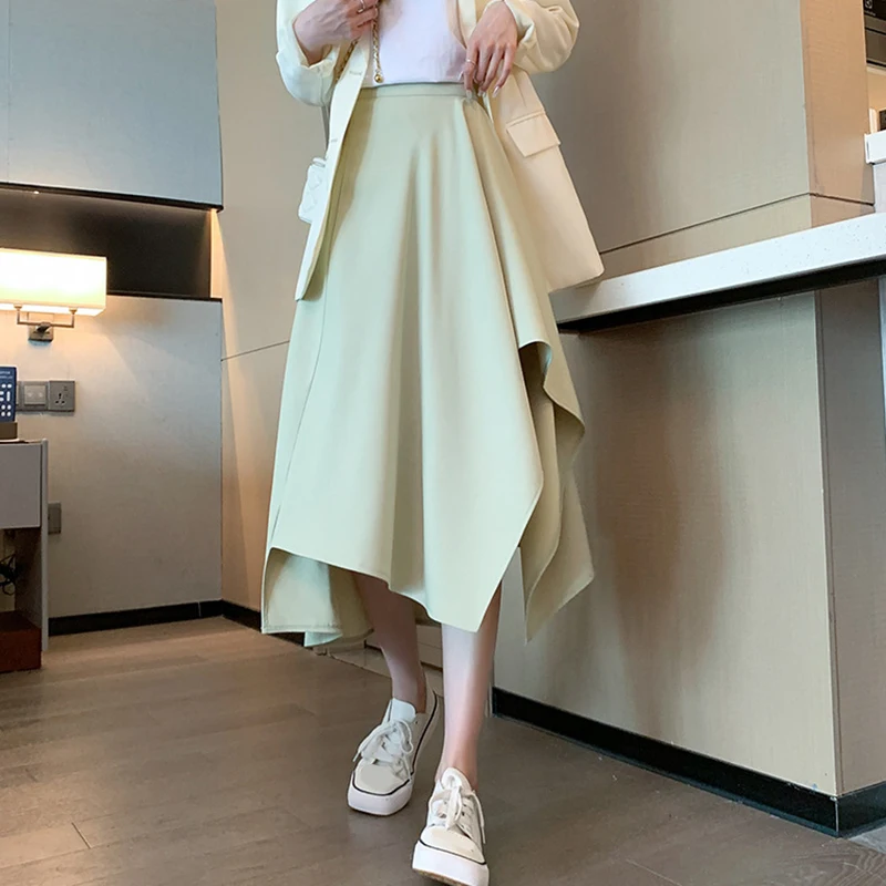 2025 nueva falda Midi Irregular de cintura alta, faldas plisadas de diseño a la moda para mujer, faldas largas elegantes de Color sólido para oficina para mujer