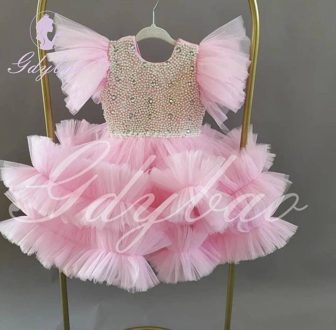 Vestido de menina de flor branca em camadas para casamento pérolas na altura do joelho inchado concurso festa de aniversário primeira comunhão vestidos de baile