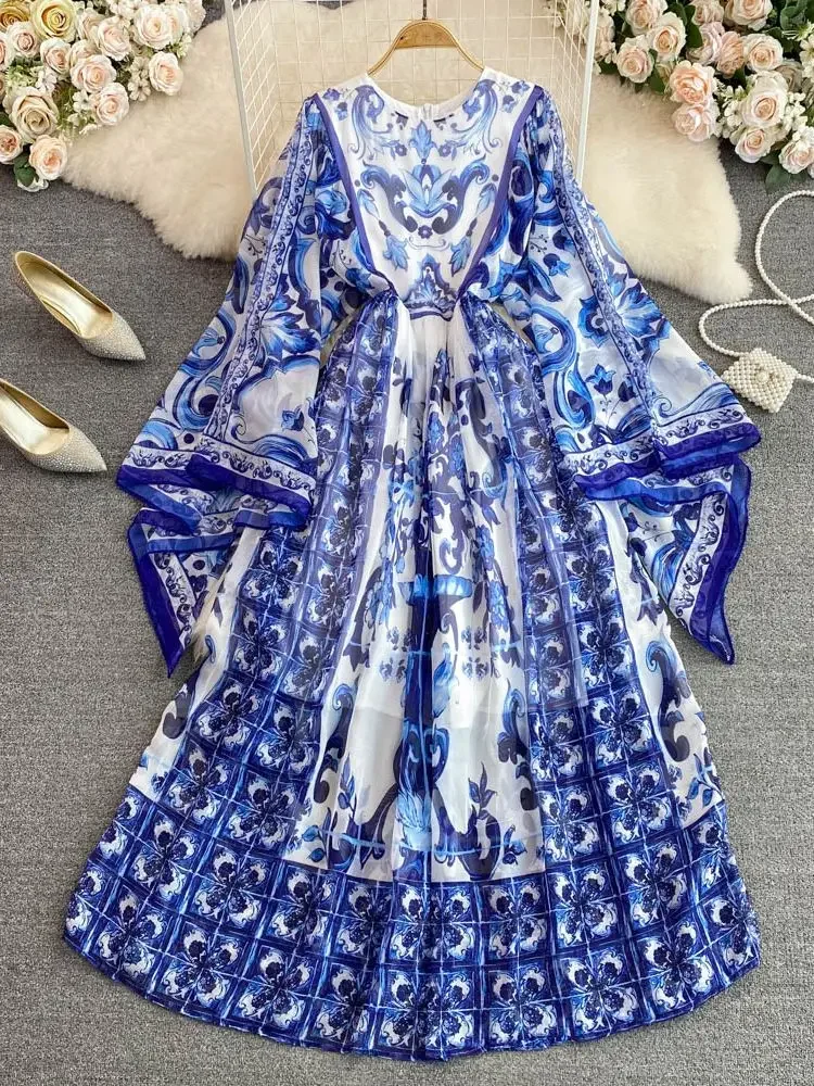 

Maxi Dress Women Batwing Sleeve Blue and White Porcelain Printing Bohemian Vacation Fashion Designer Summer Dresses Faldas 2022