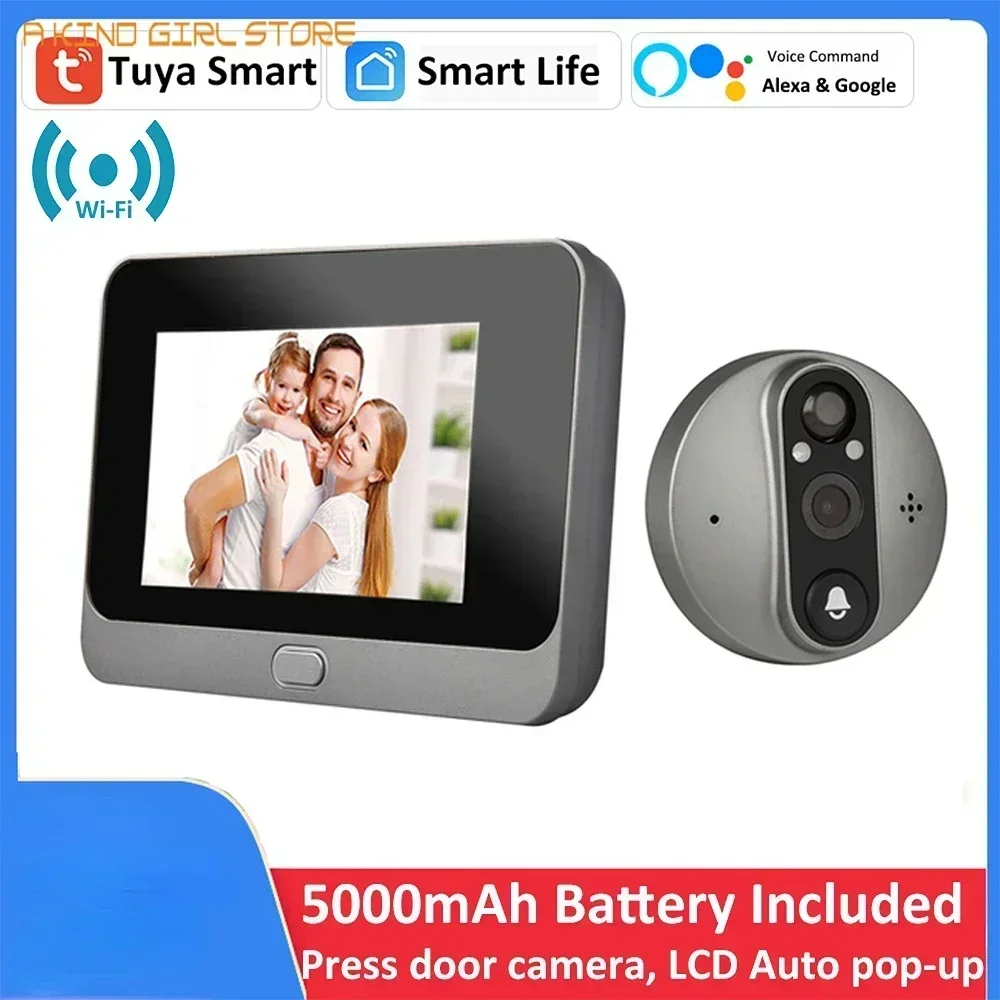 Smart Tuya 1080P WiFi Door Bell Eye Peephole Camera 5000mAh Audio 4.3' PIR FHD Infrared Alexa Google Announcement Digital Viewer