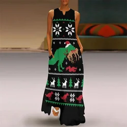 Christmas Holiday Santa's Print Long Dress For Women Elegant Party  Dress Large Size Robe Spring Summer Ladies Maxi Dress Female