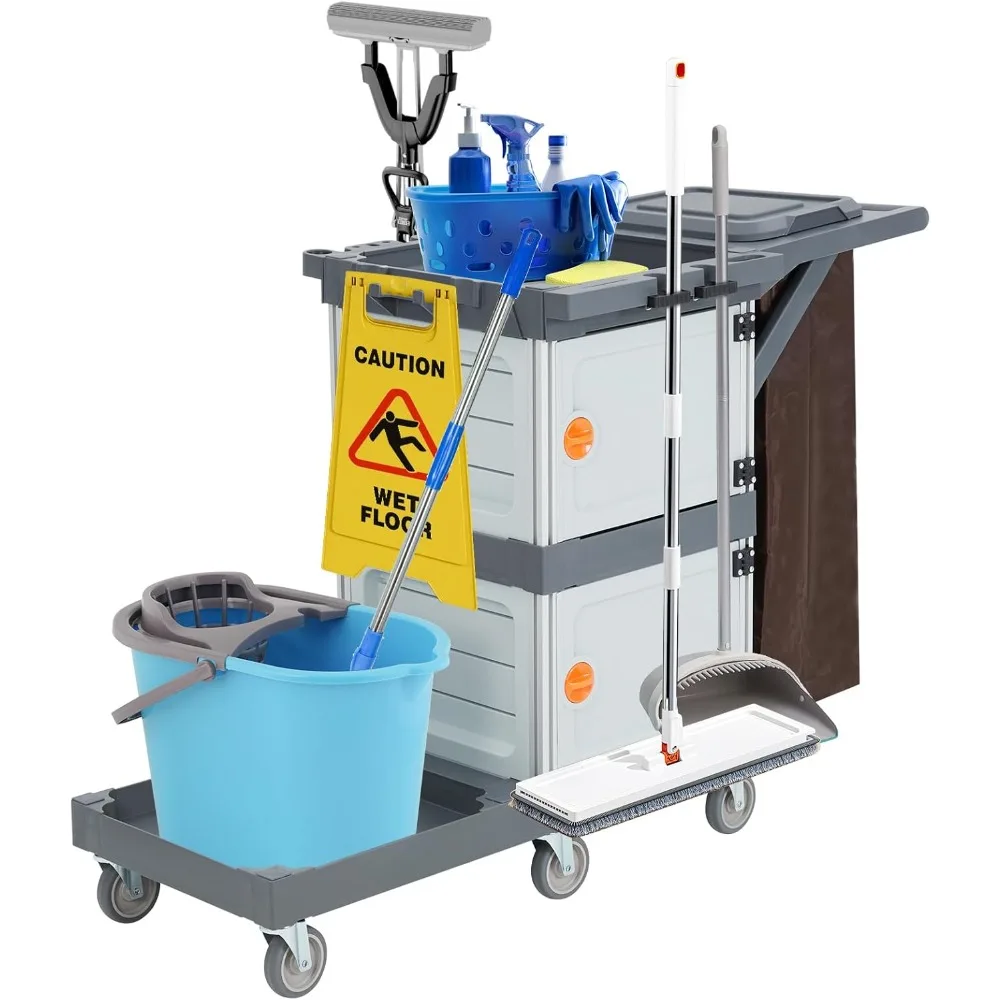 

Janitorial Cart, 3-Shelf Housekeeping Cleaning Cart with 2 Cabinet, Wheels, Cover, Shelves, and Oxford Bag