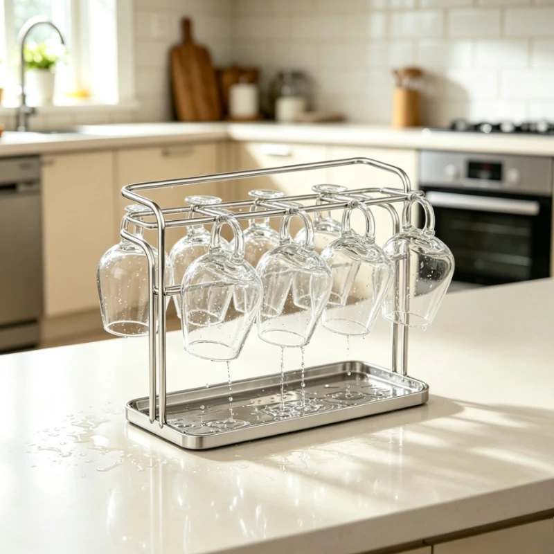 2‑Tier Stainless Steel Cup Rack Save Space Inverted Glass Holder with Drip Tray Countertop Wine Glass Storage Organizer for Home