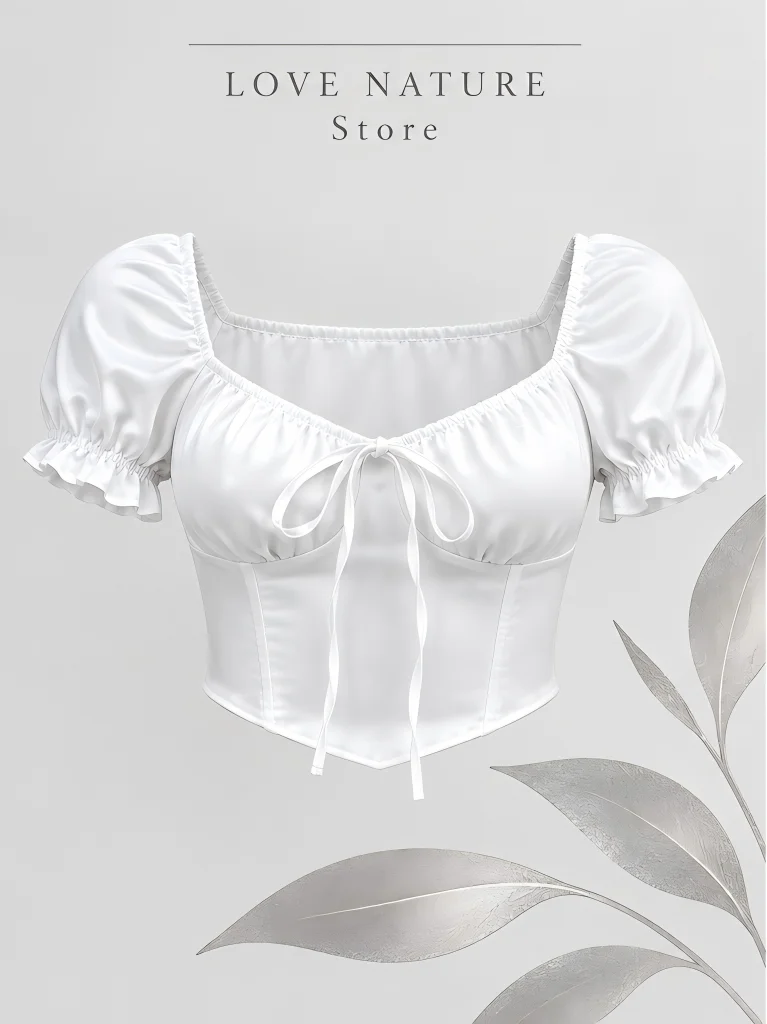 【LOVE NATURE Store】Women’s White Satin Puff Sleeve Corset Crop Top, Ruched Tie Front Blouse