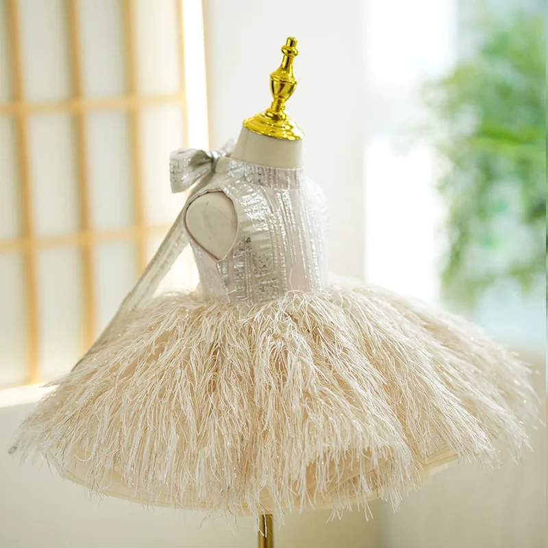 Fashion Baby Girl Princess Bling Feather Dress Infant Toddler Child Bow Vestido Party Pageant Birthday Ball Gown 12M-14Y