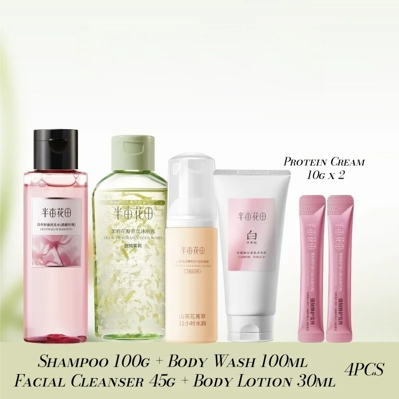 Travel-Size Shampoo, Body Wash, Brightening Body Lotion Facial Cleanser Set Business Trips Flowe