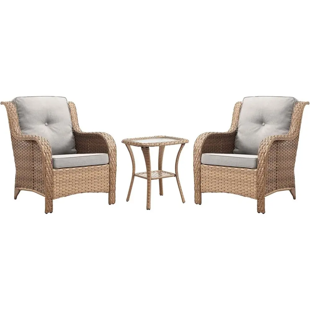 

3-Piece Outdoor Wicker Rattan Patio Furniture Set with 2 Armchairs and Side Table (Yellow/Beige)