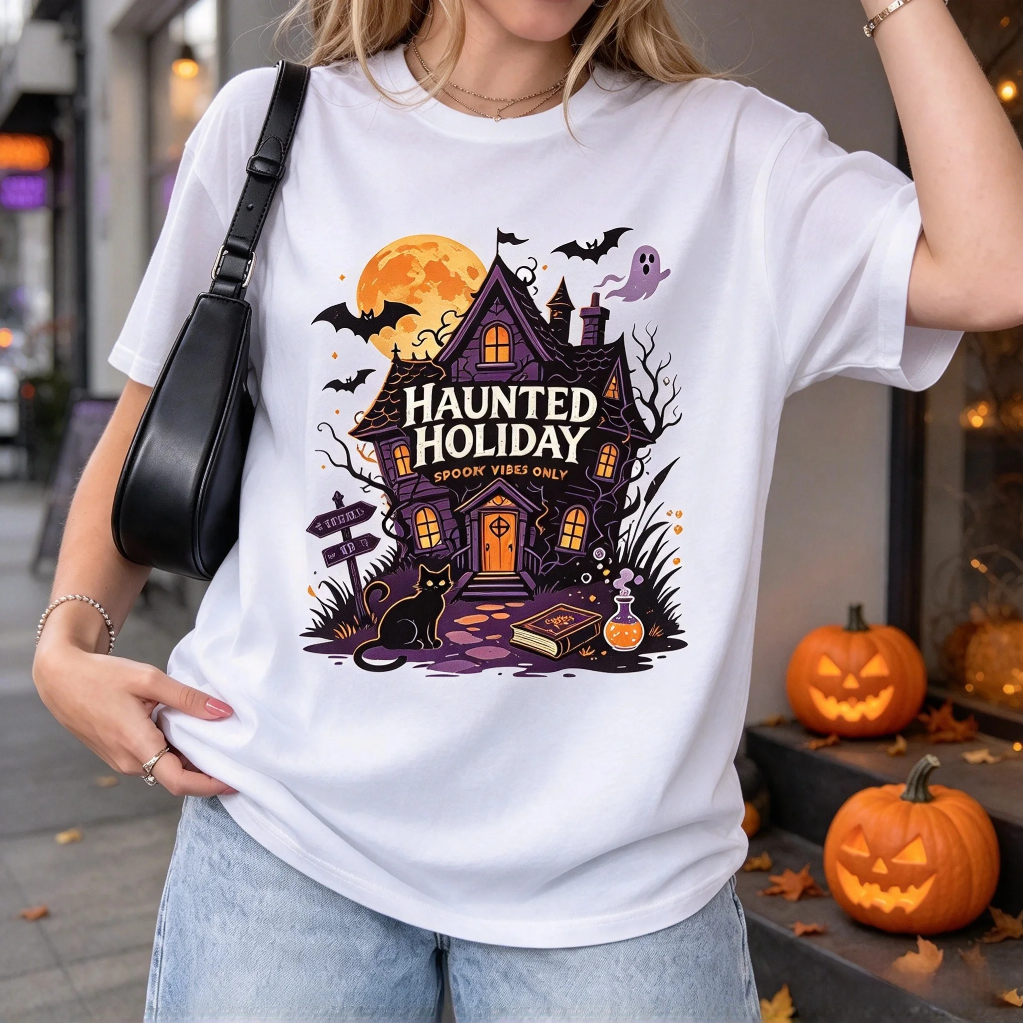 Halloween Haunted House Haunted Holiday Spooky Vibes Only T Shirt Women Cute Black Cat Bat Ghost Graphic Tees Sleeve Tops