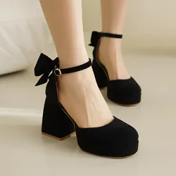 Clear Heels Buckle Strap Shallow Mouth Beige Heeled Sandals 2024 Summer Bow Shoes Black Velvet Low Comfort High Spring Girls But