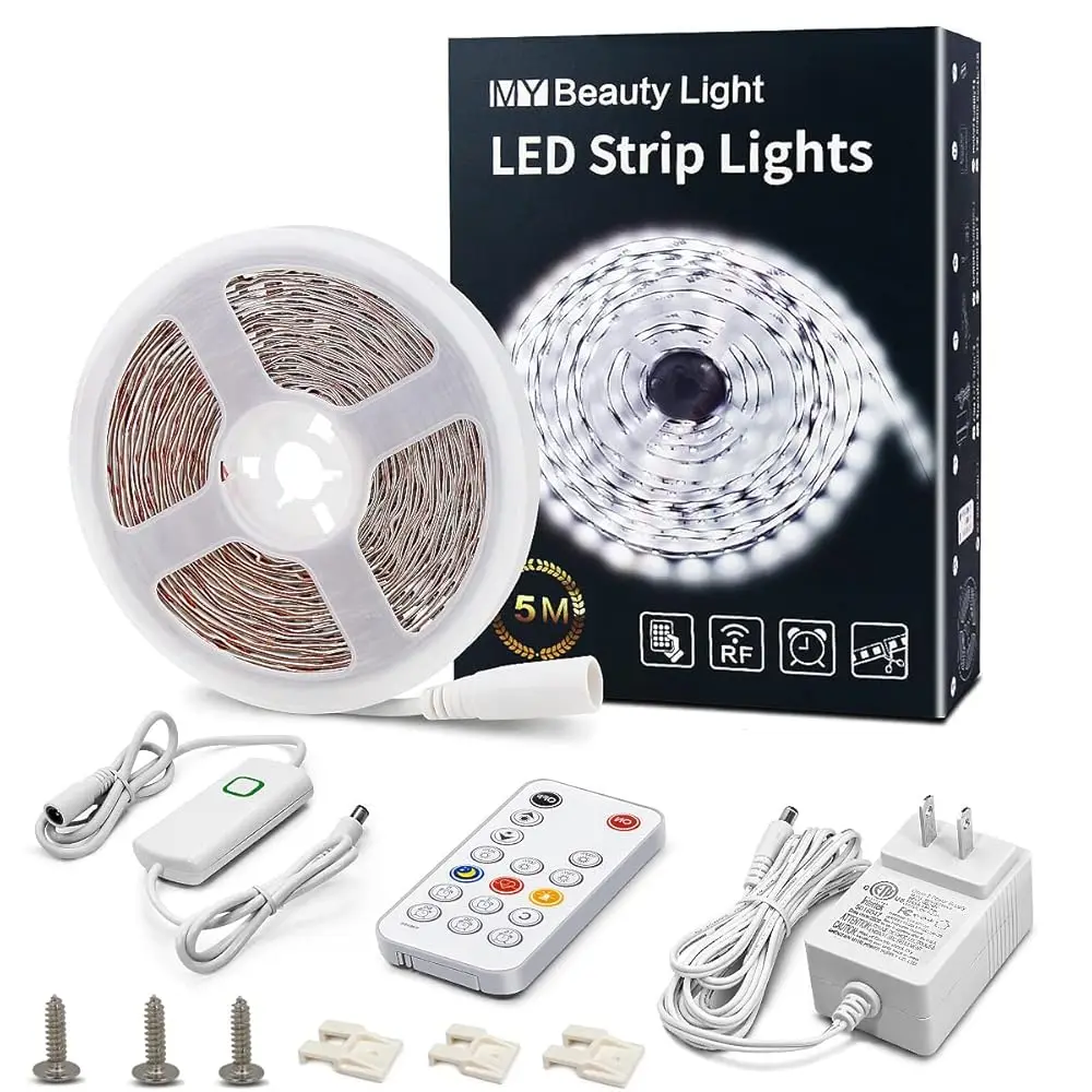

White Led St Lights, 16.4Ft Dimmable Led Light St With Rf Remote, 300 Bright 6500K 2835 Leds, Strong Adhesive Led Tape Light