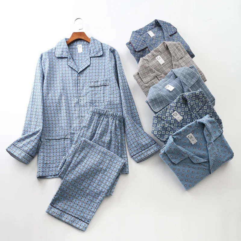 2024 Spring Autumn Men Casual Pajama Sets Male 100% Cotton Flannel Sleepwear Suit Men Long Sleeve Turn-down Collar Home Clothes