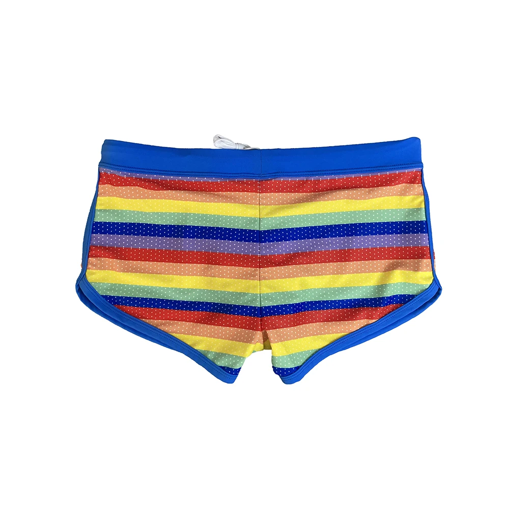 Summer Side Split Mens Swimwear Sexy U Pouch Rainbow Beach Swimming Trunks Nylon Quick Dry Board Shorts Male Sport Bathing Suit
