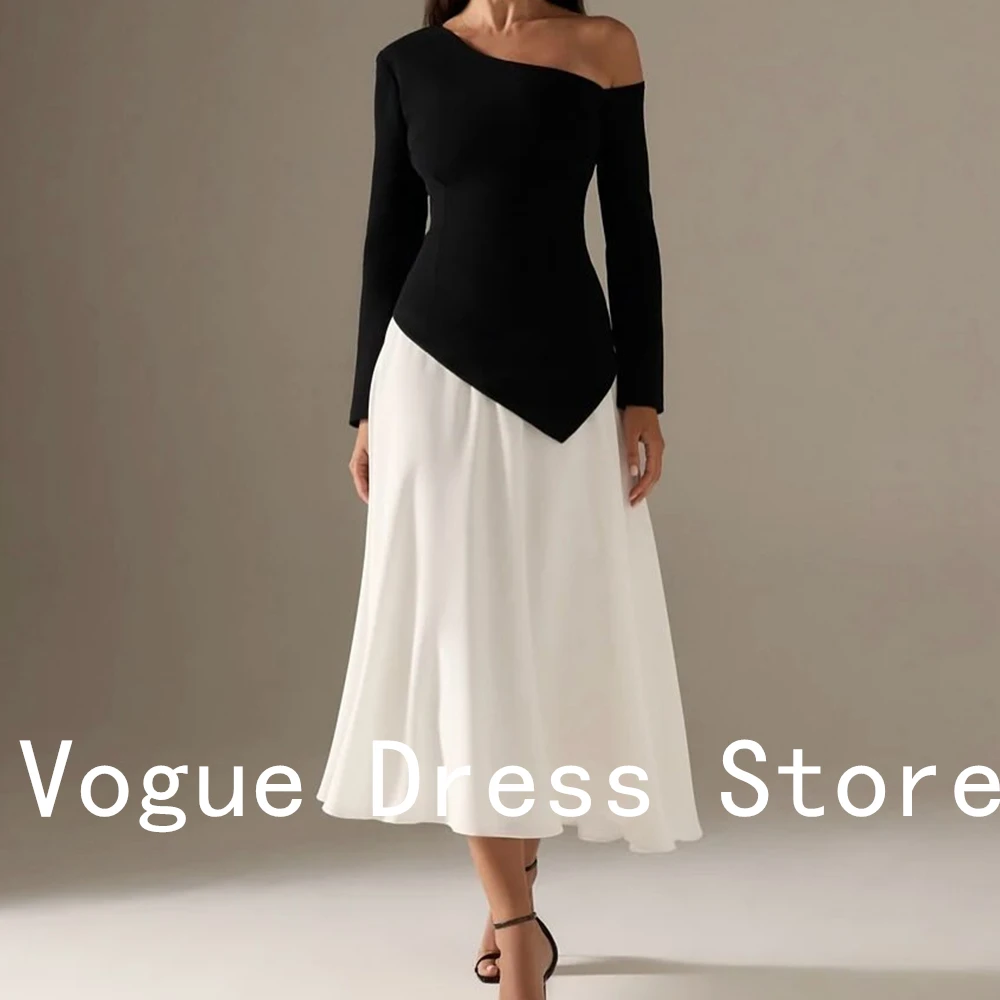 Customized Formal Off The Shoulder Jersey Evening Dress High Quality A-Line Tea Length Long Sleeves Bespoke Occasion G