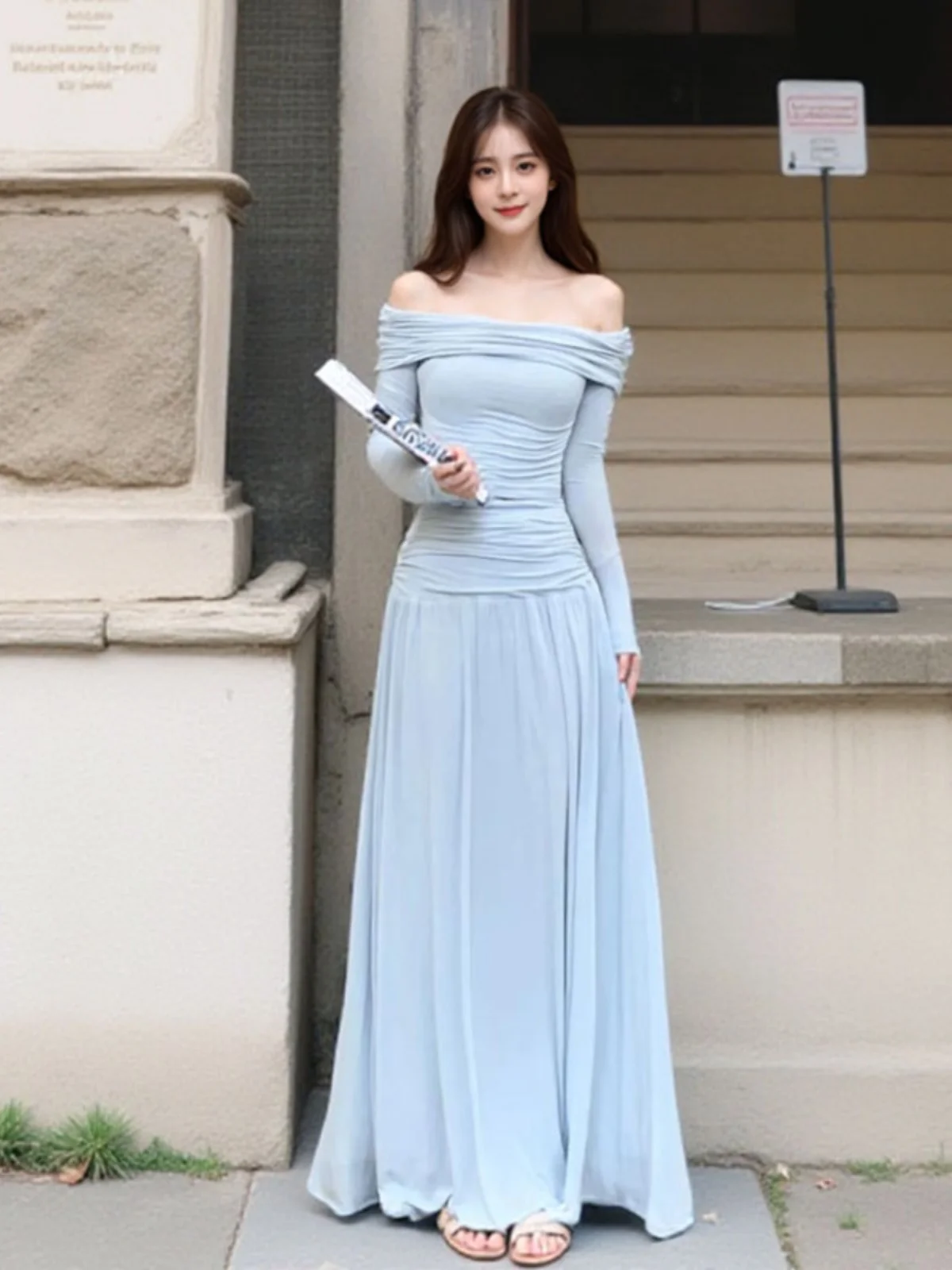

Sexy One oulder High Waist Skirt Women's Faion Set Ele Women's Clothing Spring Autumn Cotton Long Sve round Ne