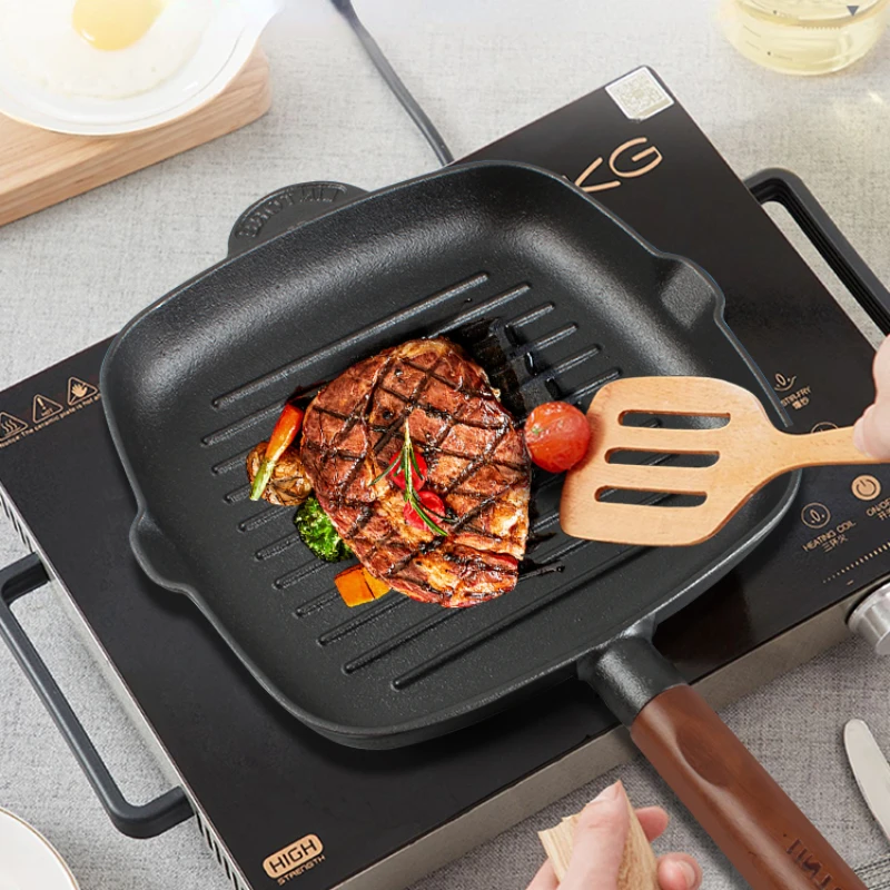 

Cast Iron Striped Steak Frying Pan Induction Cooker Special Non-stick Deep Fryer Pots Kitchen Uncoated Household Fried Pans