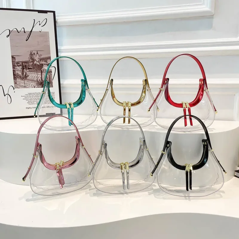 

2025 Crystal Jelly Crescent Bag Women Vegan Underarm Tote See-Through Shoulder Bag Summer Heatwave Commuter Anti-Trend Purse