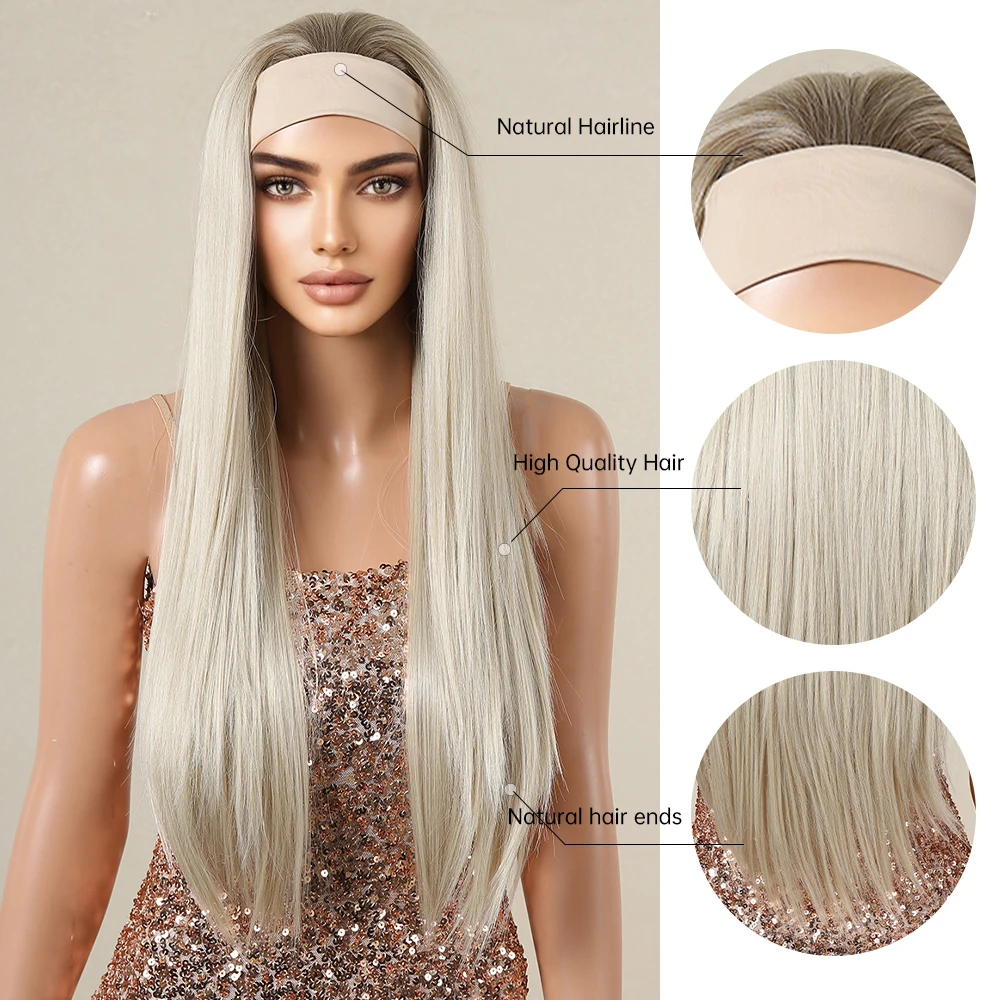 HENRY MARGU Long Straight Headband Synthetic Wigs Platinum Blonde Brown Hair Wig for Women Cosplay Party Heat Resistant Natural