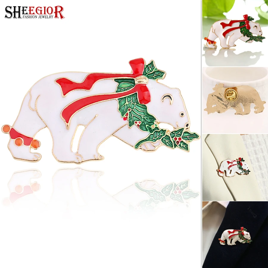 Christmas Gift Lovely Polar Bear Brooch Pins Men Badge Ornaments Cartoon Enamel Bow Leaf Bear Brooches Women Fashion Accessories