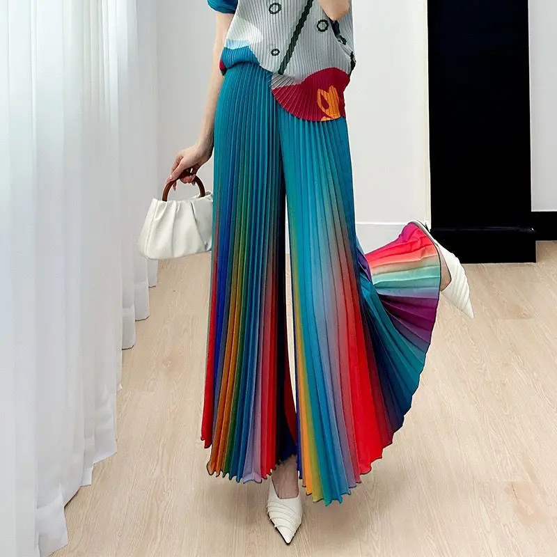 Fashion Trendy Gradient Elastic High Waist Pleated Loose Wide Leg Pants Women Summer High-end Folds Versatile Straight Trousers