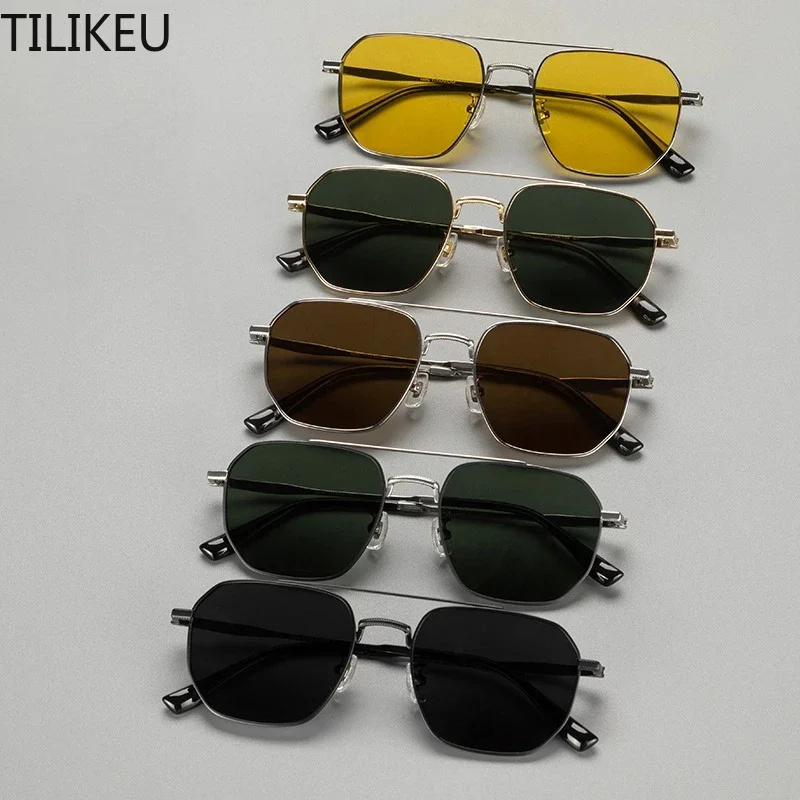

Pure Titanium Sunglasses for Men Double Beam Outdoor Driving Glasses UV Resistant Ultra Light Polarization Classic Retro Design