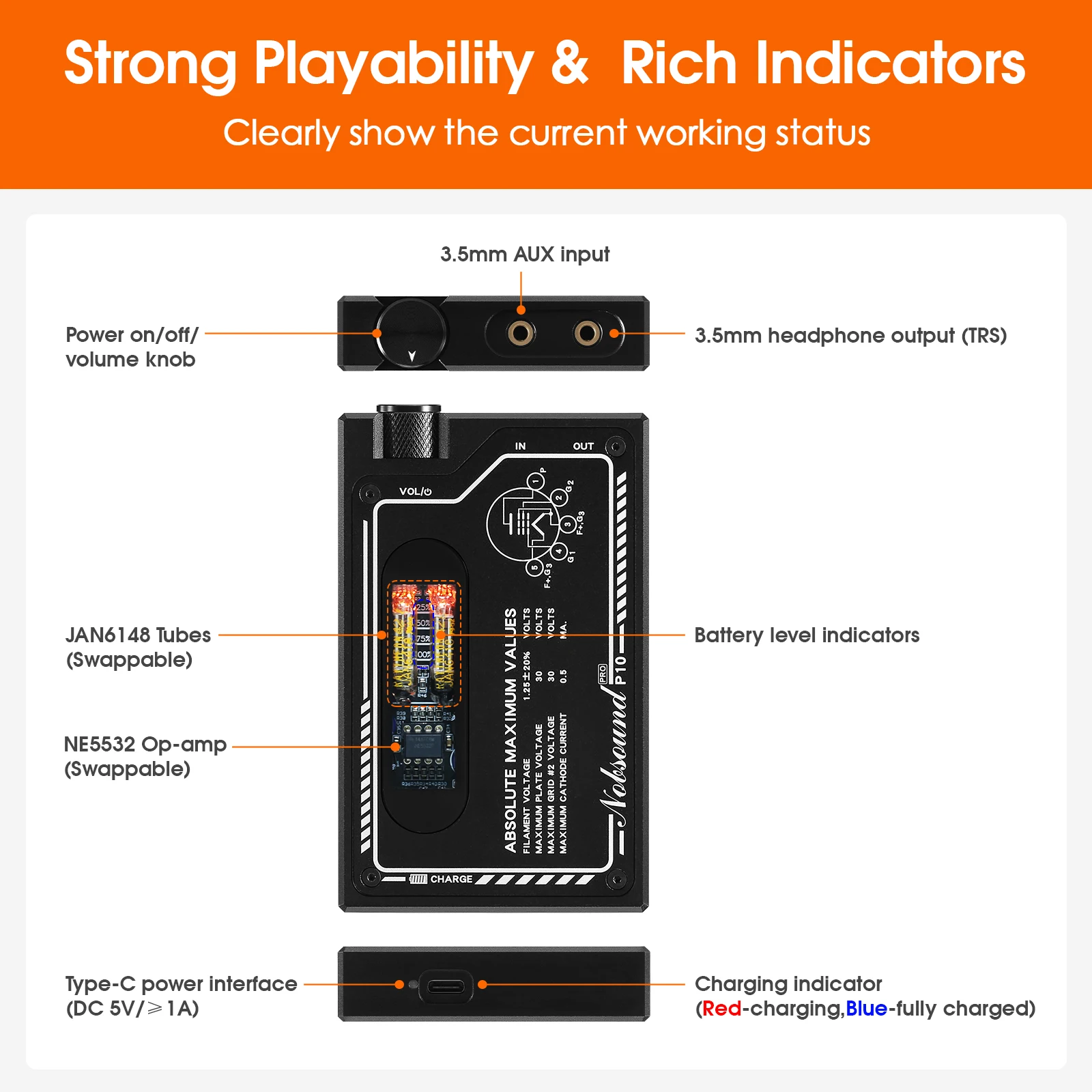 Nobsound P10 PRO HiFi مضخم ضوت سماعات الأذن بأنبوب تسخين مباشر مع بطارية طويلة العمر Pluaggbel Op-amps مدعوم من USB-C