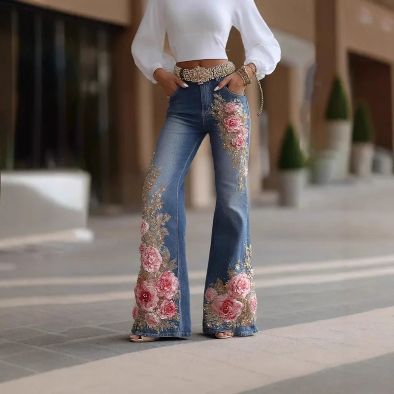 بنطال جينز نسائي عصري بقصة ضيقة مع بنطال جينز أنيق بطبعة زهور ثلاثية الأبعاد رقمية واقعية للارتداء اليومي وغير الرسمي