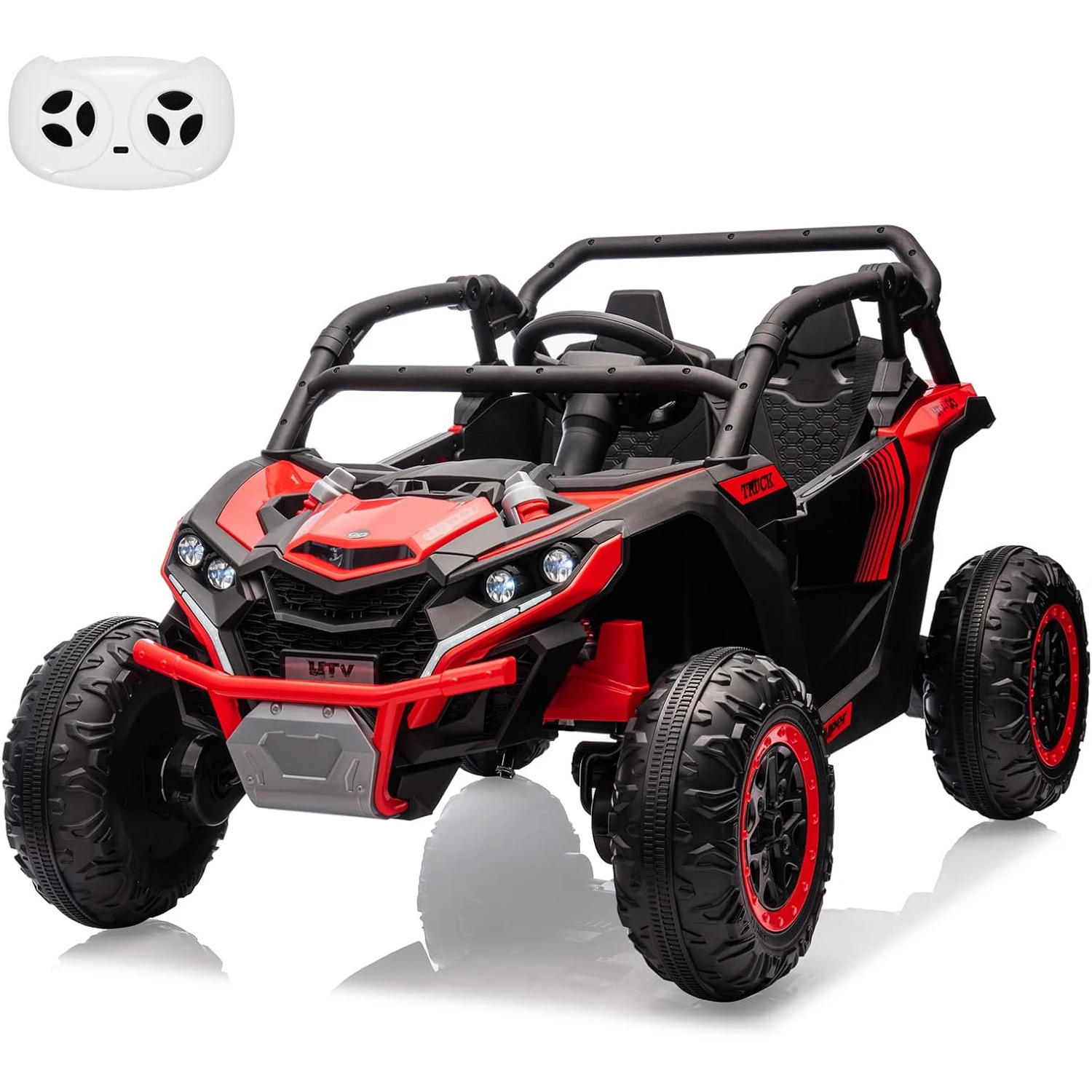 Voiture pour enfants 24V 2 places avec télécommande, camion électrique 4WD tout-terrain UTV avec amortisseur à 4 roues, lumières LED, musique