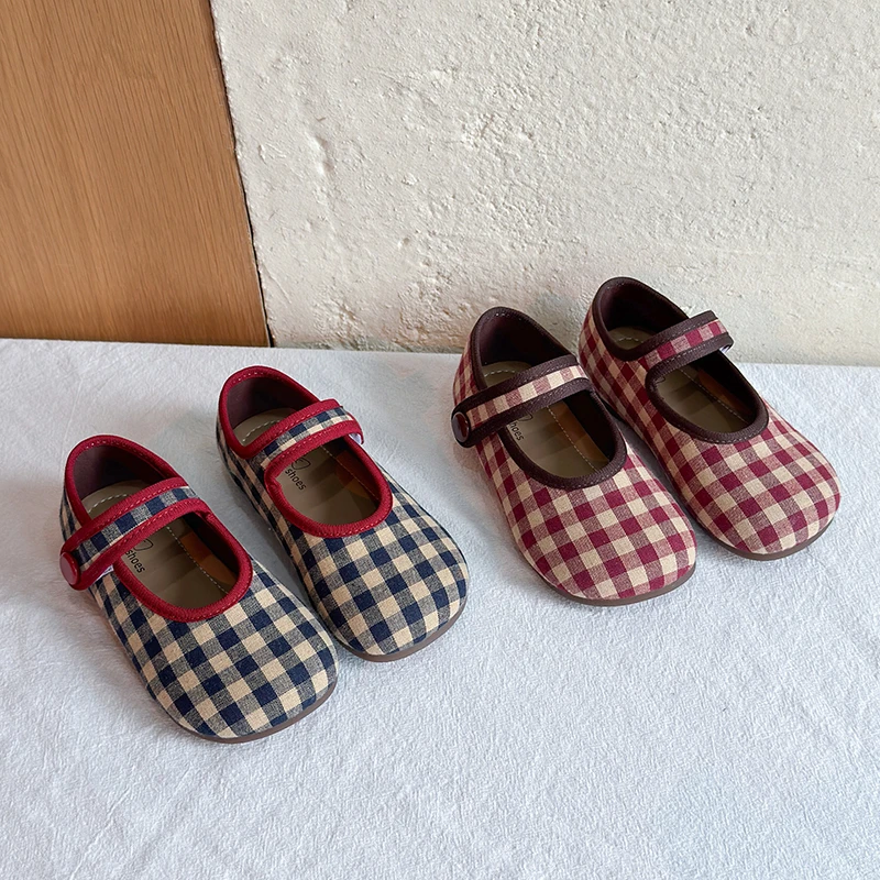 Kleinkind Mädchen Vintage Gingham Karierte Mary Jane Ballerinas, 2 Farben Marineblau Rot Einzelriemen Cottagecore Hochzeit Mädchen Freizeitschuhe – Detail 3