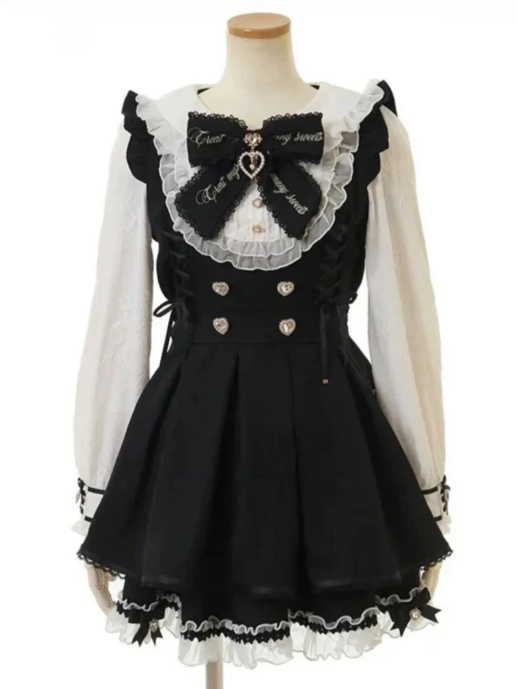 Japanese 2 Piece Dress Sets Women Bow Dress Shorts Set Lolita Sweet Long Sleeve Plaid Shirt Dresses Kawaii Lolita Y2k Outfits