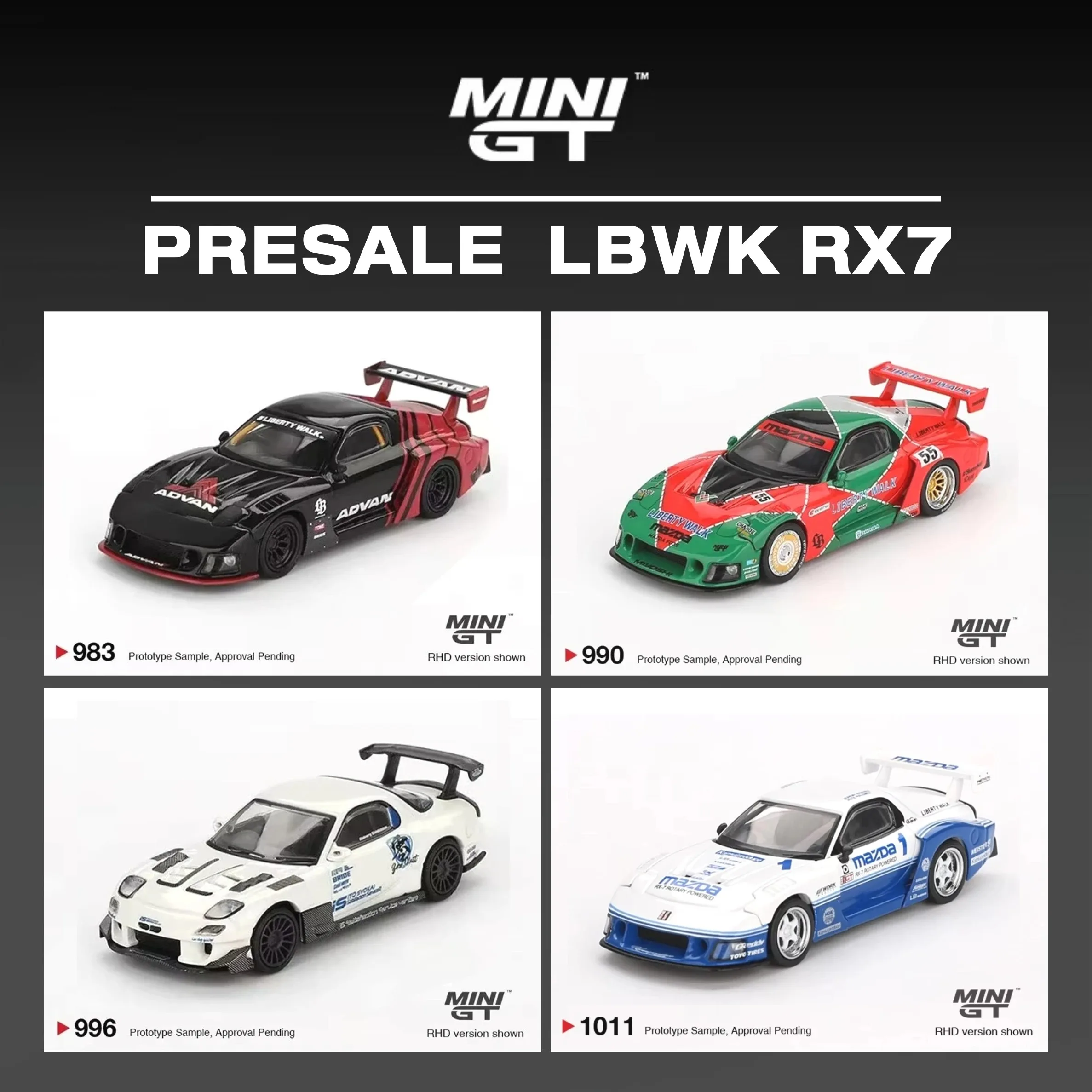 

MINIGT В НАЛИЧИИ 983 990 996 1011 1:64 LBWK Mazda RX7 LB ADVAN Super Silhouette 787B Коллекция литых моделей автомобилей Игрушки